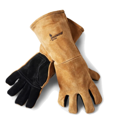Lange leren handschoenen met zwarte handpalmen voor bescherming bij hitte.